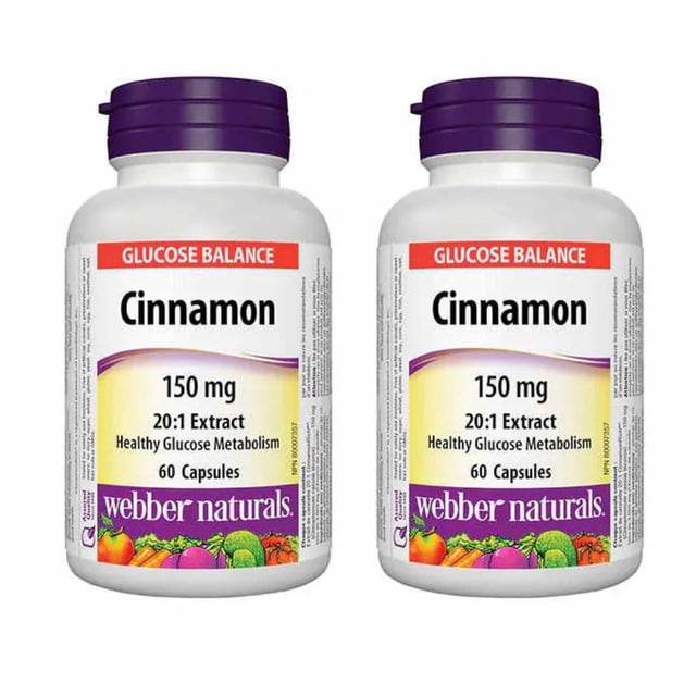 Webber Naturals Cinnamon 20:1 Extract 150 mg - 2 x 60 Capsules, featuring CinnamonRich extract for natural blood sugar management and healthy glucose metabolism. Two white bottles with purple caps labeled 'Glucose Balance.'