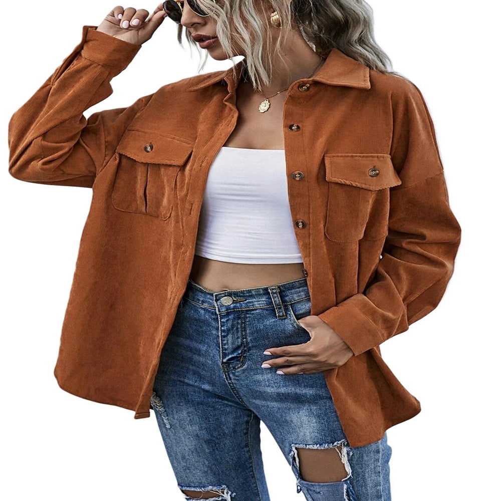 Chemise Surchemise pour Femmes Veste Gaufrée Surdimensionnée pour Dames Manches Longues Coupe Ample Boutonnée Hauts Décontractés Mode Urbaine