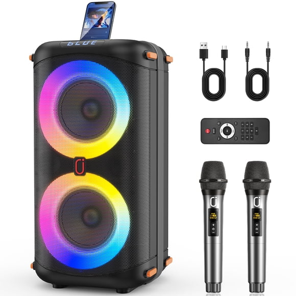 JYX Karaoke Machine, Portable Outdoor Speaker with 2 Microphones for Party, PA System with Echo Adjustment/Remote /LED Lights,T27