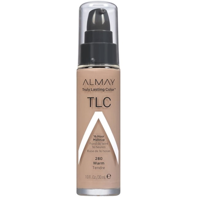 Almay® Truly Lasting Color™ Liquid Makeup in 280 Warm shade, a 30 ml pump bottle foundation offering up to 16 hours of wear, enriched with Vitamin E and Lemon Extract to smooth and brighten skin for natural radiance.