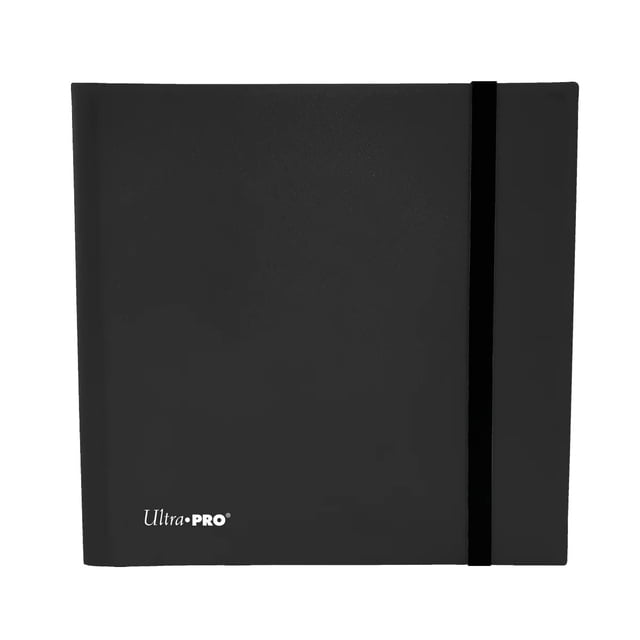 Ultra PRO Eclipse 12-Pocket PRO-Binder in black with embossed middle web material and elastic strap closure, archival-safe and acid-free non-PVC binder designed to hold and protect up to 480 trading and gaming cards, ideal for office and school use.