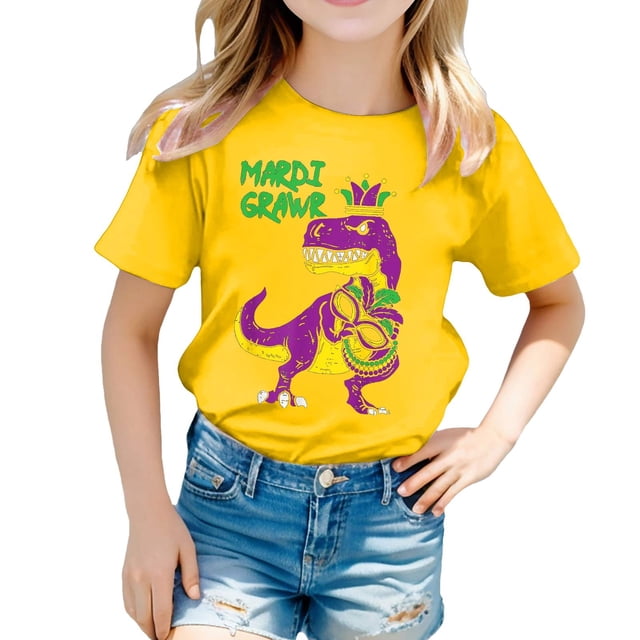LUOGENLI T-Shirt pour Filles T-Shirt Décontracté Imprimé Col Rond Manches Courtes T-Shirt Chemise Décontractée Maxi Chemises pour Filles Jaune 3-4 Ans