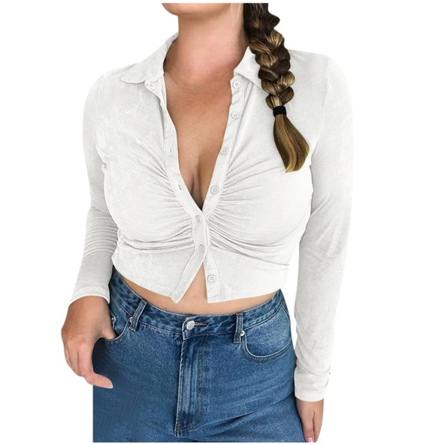 AherBiu Crop Tops for Women Trendy Long Sleeve Ruched Collared Button up Shirts Slim Tight Going out Tops