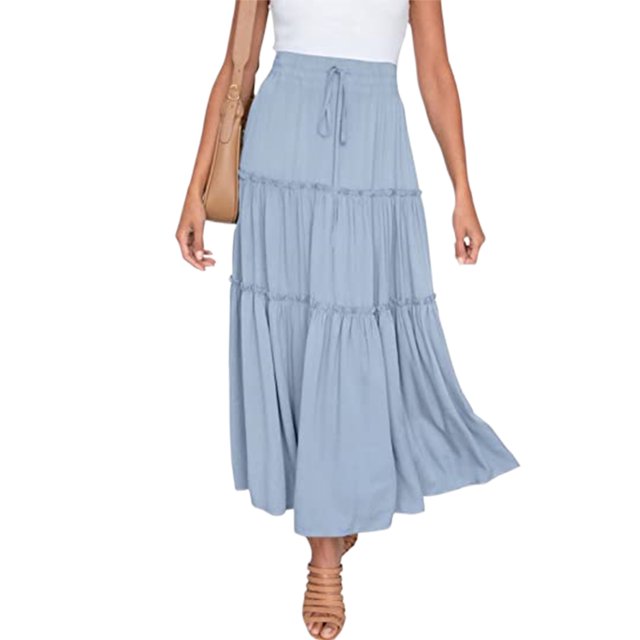 LUXUR Jupe Midi Évasée pour Femmes, à Volants, Fluide, Taille Haute, Bleu Ciel, TG