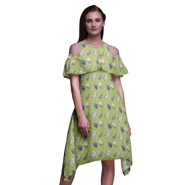 Bimba Green Watercolor Printed Womens Cold Shoulder Tunic Party Round Neck Shift Dress - Small