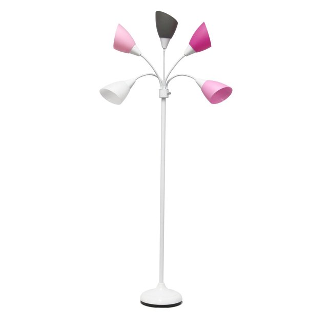 Simple Designs Lampe sur Pied à Col de Cygne Réglable à 5 Lumières avec une base en Métal Blanche et Cinq Bras à Col de Cygne Flexibles, Chacun Tenant un Abat-Jour Incliné en Plastique en Blanc, Rose Pâle, Rose Foncé et Charbon, Conçue pour un Éclairage Multidirectionnel Personnalisable Idéal pour les Espaces de Vie et l'Éclairage de Tâche.