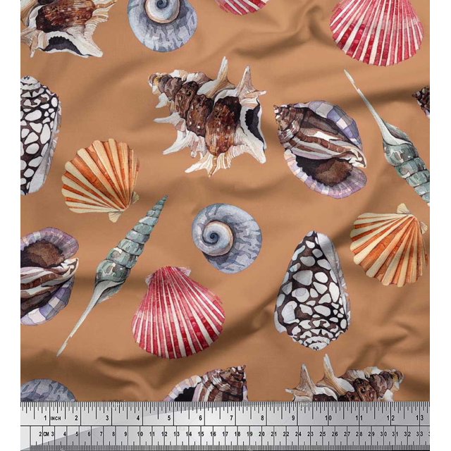 Soimoi Japan Crepe Satin Fabric Colorful Shells Ocean Print Sewing Fabric Yard 42 Inch Wide