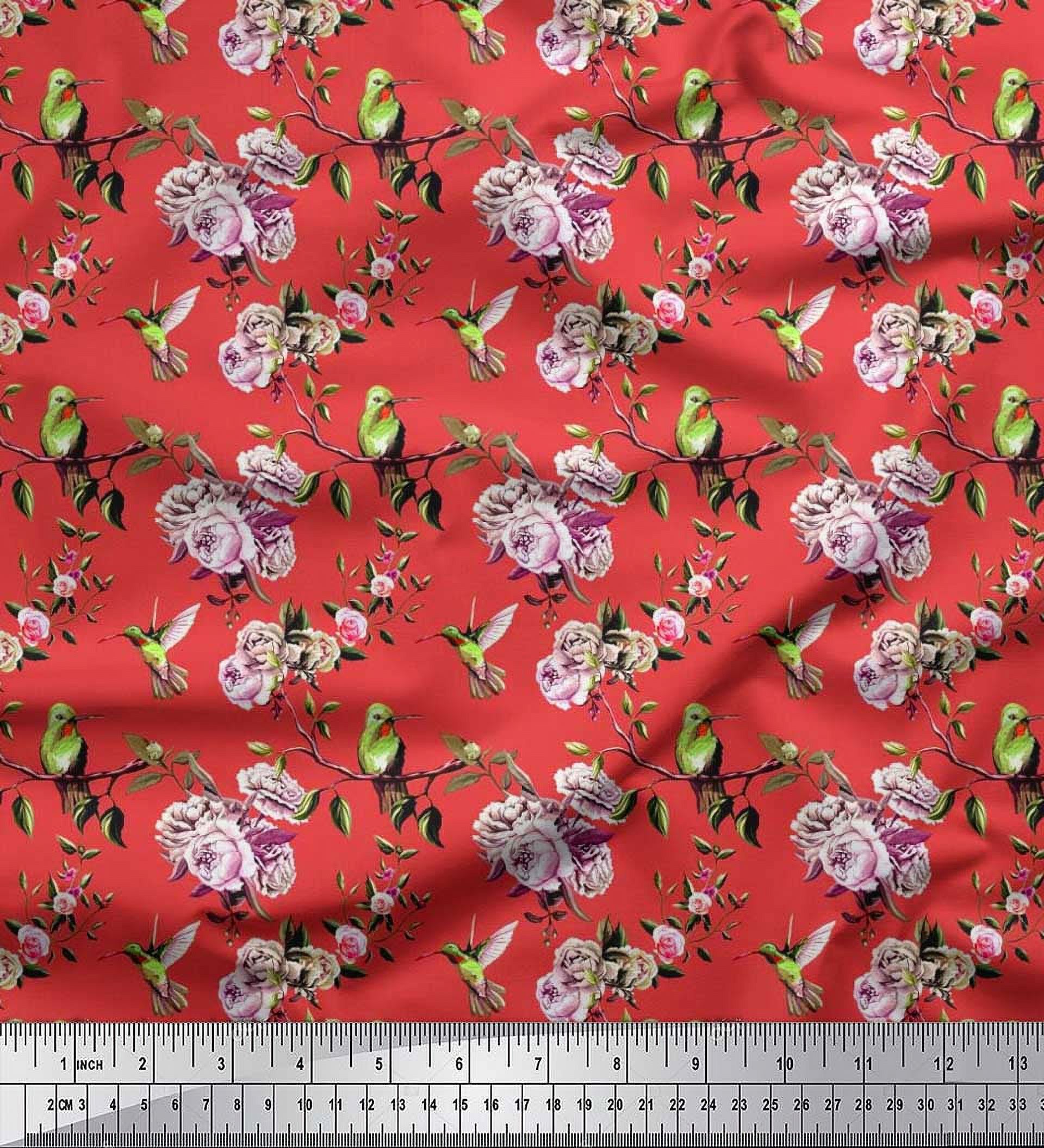 Soimoi polyester Crepe Fabric Hummingbird,Leaves & Rose Floral Print Fabric by the Yard 52 Inch Wide