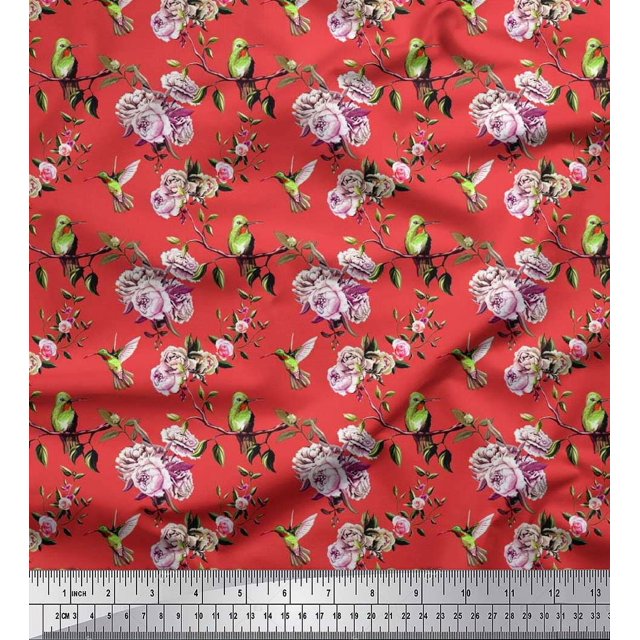 Soimoi polyester Crepe Fabric Hummingbird,Leaves & Rose Floral Print Fabric by the Yard 52 Inch Wide