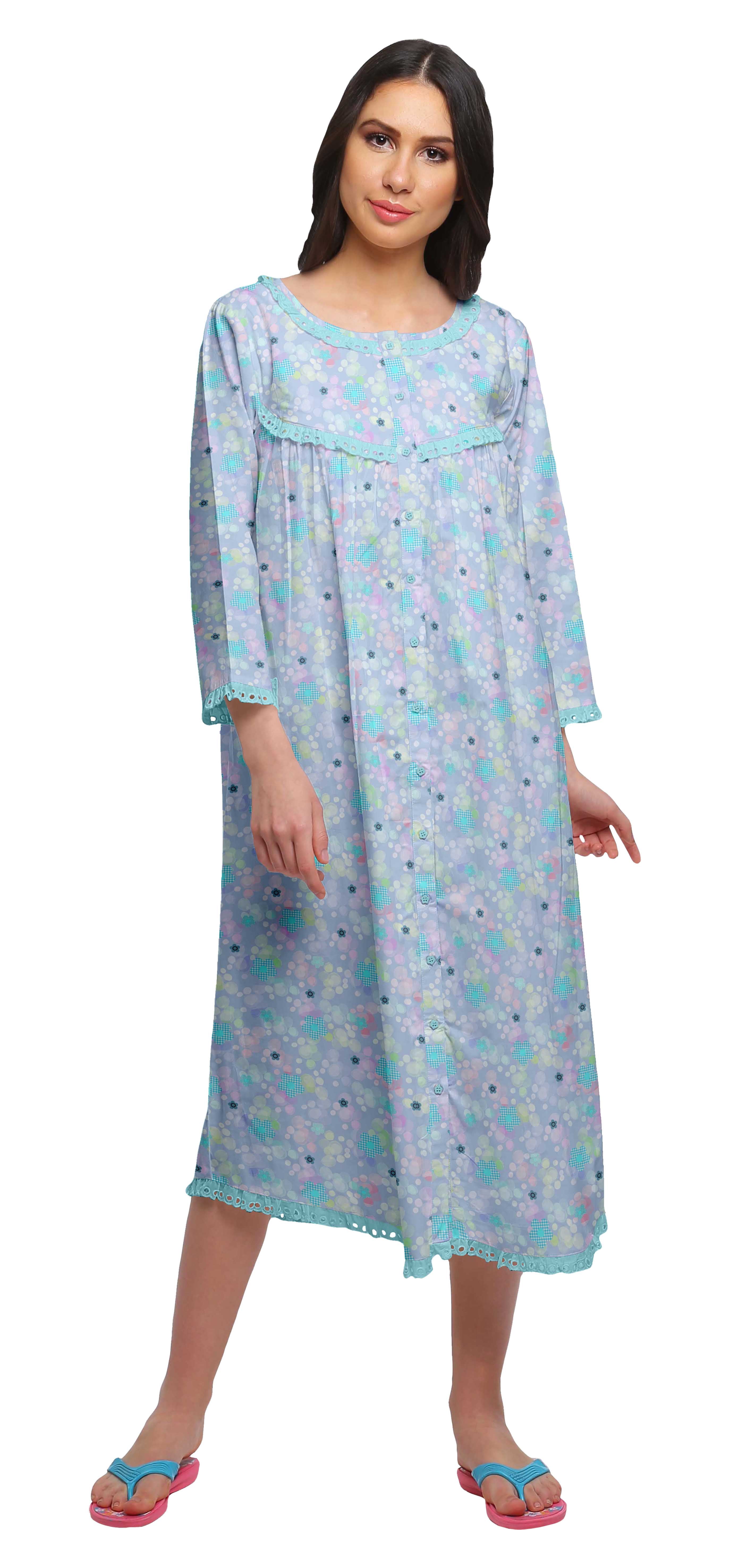 Moomaya Chemise de Nuit Boutonnée en Coton Imprimé pour Femmes, Robe de Nuit d'Allaitement