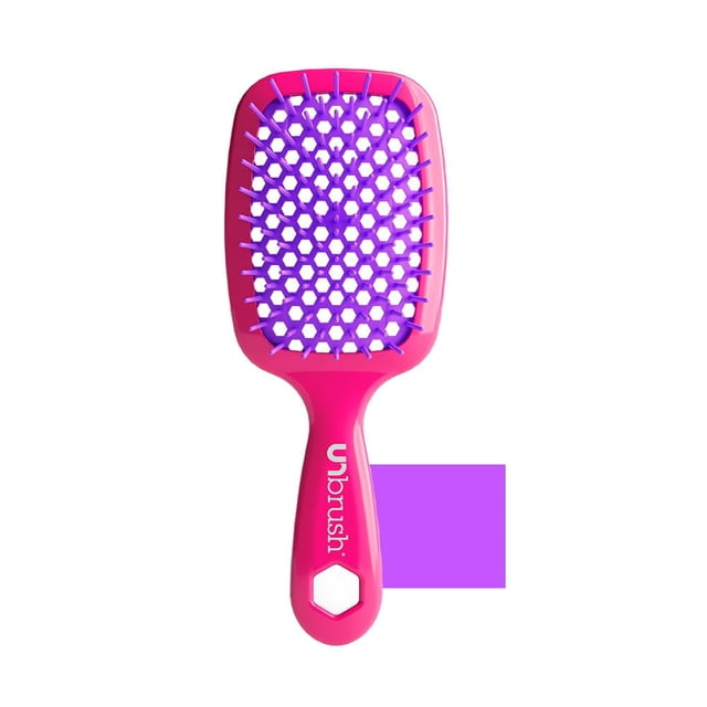 UNBRUSH PINK detangling hairbrush with a pink lightweight handle and purple DuoFlex anti-static bristles arranged in a vented hexagonal cushion design, suitable for all wet or dry hair types and reducing styling time.