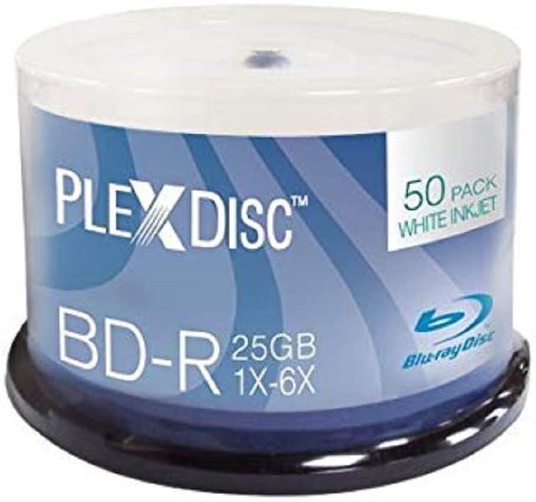 PlexDisc 633-214 25 GB 6X Jet d'Encre Blanc Imprimable Couche Unique Disque Enregistrable BD-R, Broche de Disque 50