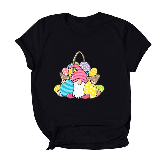 RKSTN Hauts pour Femmes 2024 Mode Pâques Mignon Lapin Imprimé Col Rond Hauts Coupe Ample Manches Courtes Blouse Unie Hauts