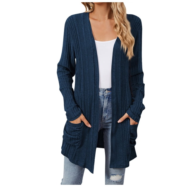 Gubotare Cardigans pour Femmes Légers à devant Ouvert Cardigans Décontractés Amples Chandail d'Automne 2025 avec Poches (Navy,L)