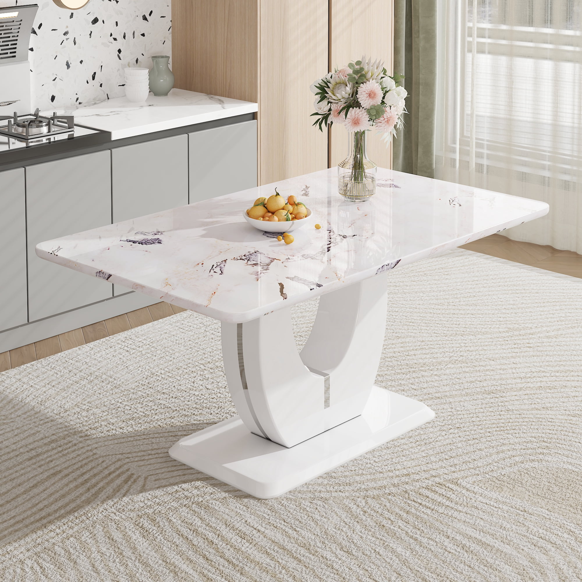 Noble House Table de salle à manger moderne en MDF 160 cm, plateau texturé marbre gris, blanc