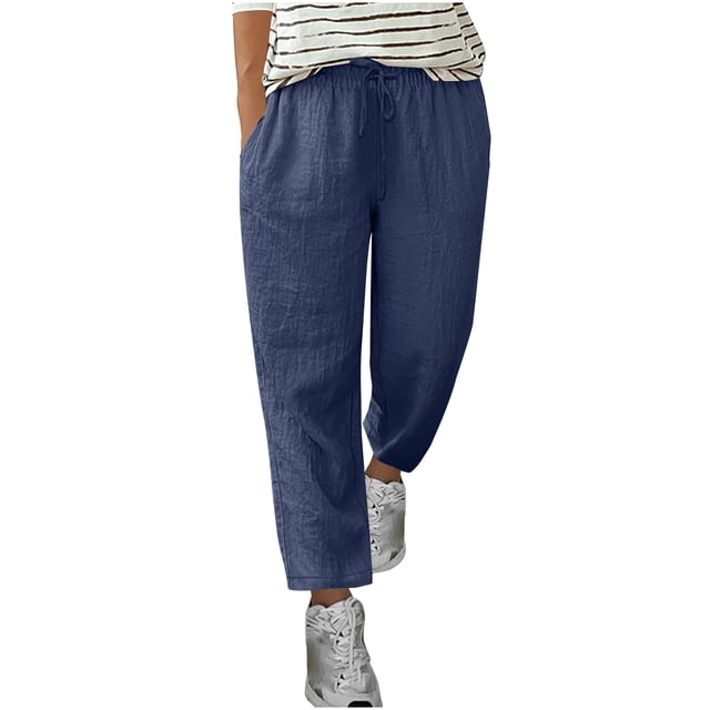 Yuyuzo Womens Cotton Linen Pants Drawstring High Waisted Lounge Pants Straight Leg Cropped Trousers