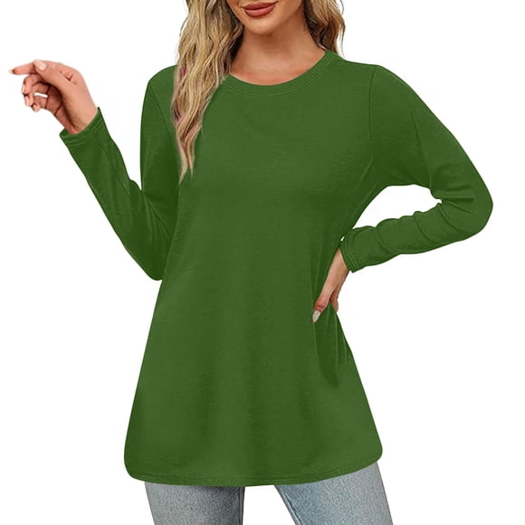 lcziwo 2024 Womens Long Sleeve Round Neck Tops Solid Color Loose Fit Tunic Tops Casual Basic T Shirts Fall Trendy Blouses Army Green,M