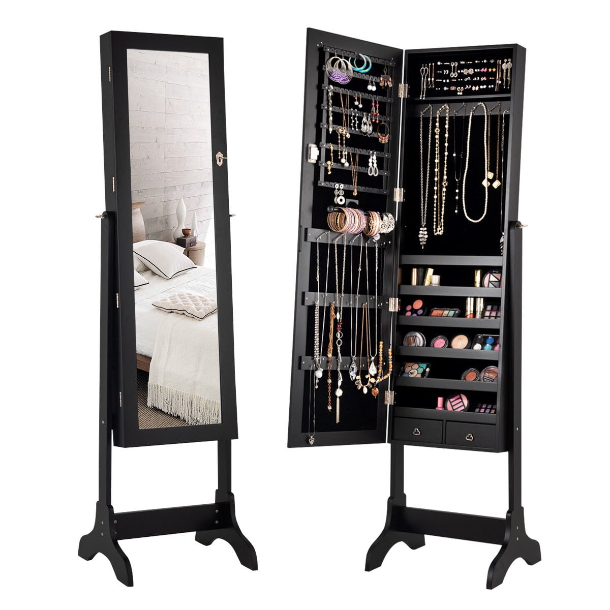 Gymax Organisateur de Bijoux à 4 Positions Inclinables, Coiffeuse avec Miroir Pleine Longueur, Noir