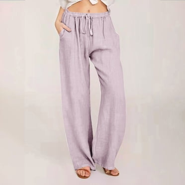 LOVZFMLL Women's Pants, Casual Cotton Linen Drawstring Elastic Waist Long Wide Leg Pants Purple, L
