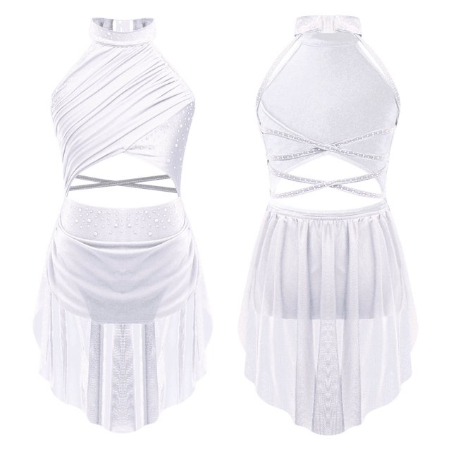 TiaoBug Robe de Danse Lyrique pour Filles Jupe Haute-Basse Irrégulière à Sequins Col Halter Robe Justaucorps de Patinage Blanc 14
