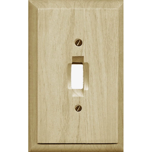 Atron Electro Industries Traditional Unfinished Wood Toggle Wall Plate in a front-facing view, made of natural unfinished wood with visible grain texture, featuring a single toggle switch opening and two mounting screws, ideal for easy installation and customization including painting or staining to match home décor.