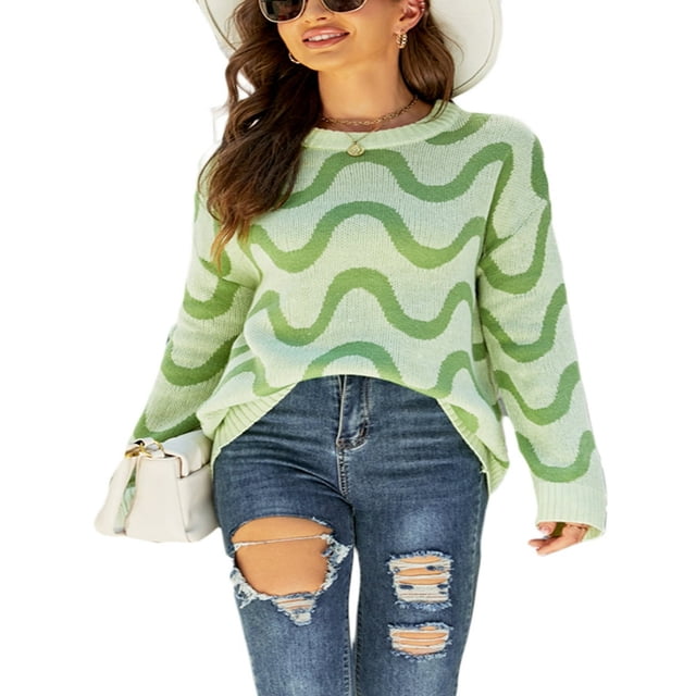 Wave Jacquard Contrast Color Pullovers for Women in Loose Knit