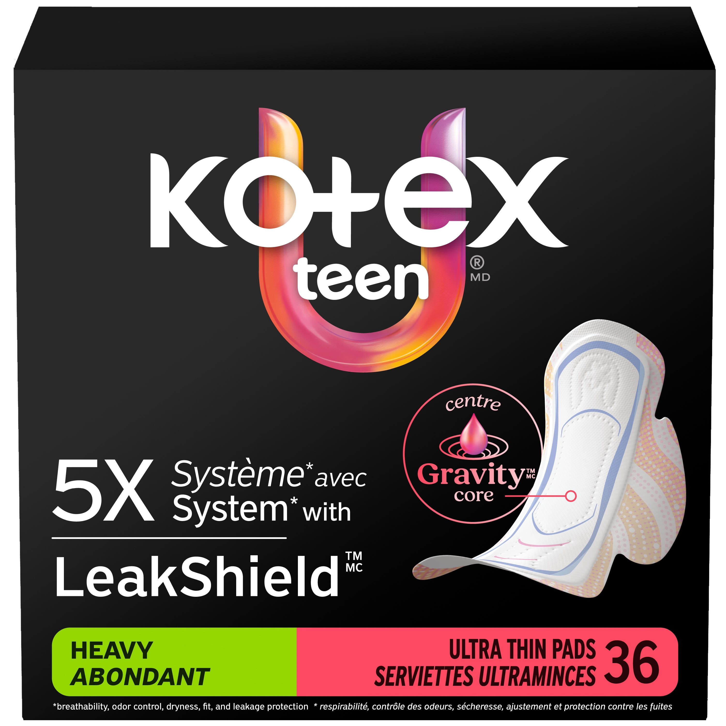 Serviettes ultraminces pour adolescentes Kotex avec ailes, absorption élevée, 36 unités