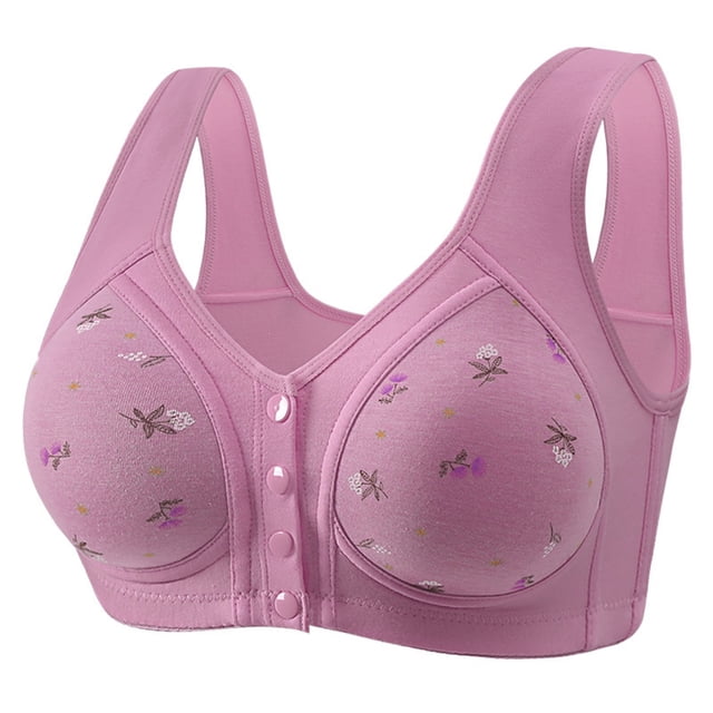 hotojiny Plus Size Bras for Women Front Closure No Underwire Comfort Bralettes Full Coverage Wireless Padded Sleep Bra in a soft pink shade with floral and dragonfly patterns. Designed with a front button closure, wide straps for enhanced support, and a wireless padded structure for comfort. Ideal for daily use or as a sleep bra.