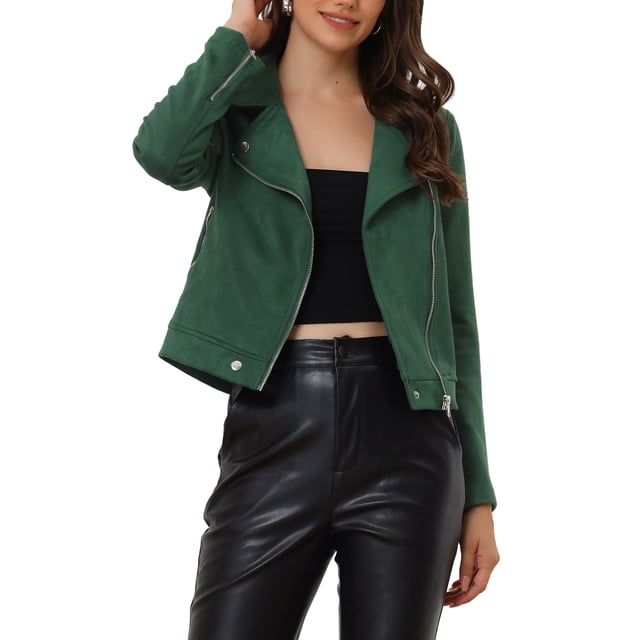 INSPIRE CHIC Women's Motorcycle Jacket Faux Suede Solid Color Asymmetric Zipper Jacket M Dark Green