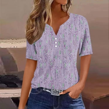 Womens Fashion Printed Short Sleeves Blouse Round Neck Casual Tops