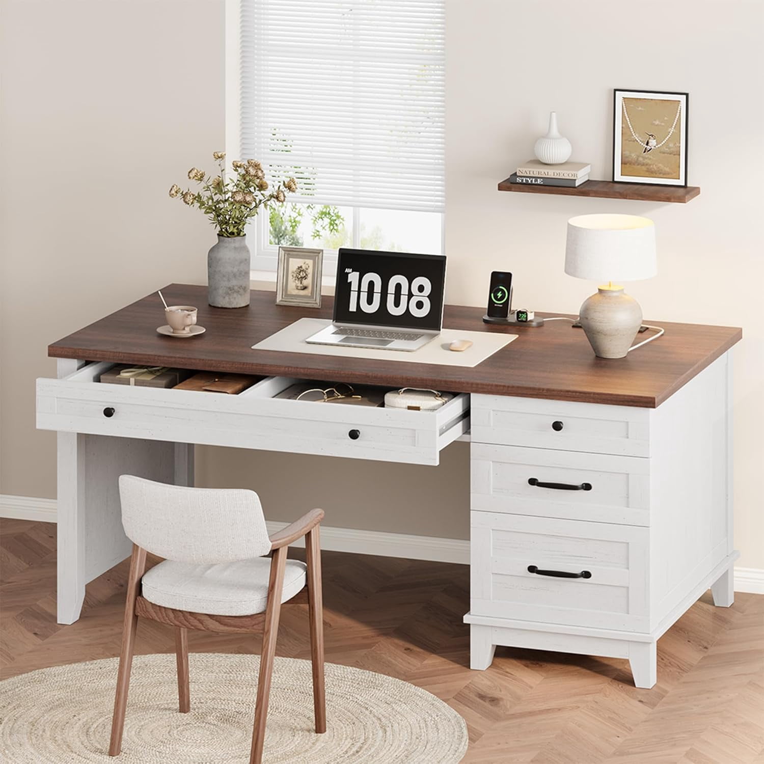 53.5 In Executive Desk with Power Outlets and Drawers Wooden Computer Desk with File Cabinet for Home Office White and Brown