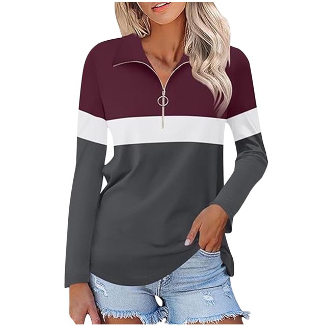 Plebaso Chemises à Manches Longues pour Femmes à Blocs de Couleur Quart Zip Hauts Décontractés Col Pull Blouses pour Femmes