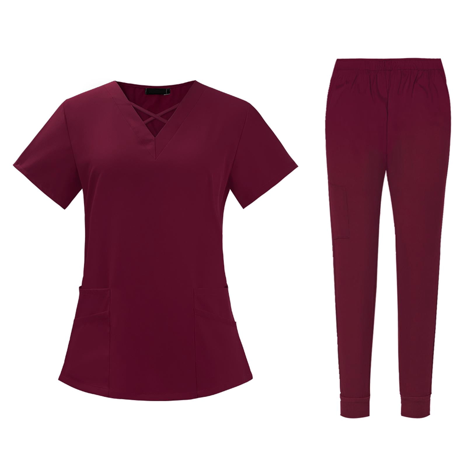 TISHITA Ensemble de Sarrau d'Infirmière Confortable et Respirant avec Poches Hauts Mode Pantalons Couleur Rouge en S
