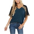 thumbnail image 1 of Pompotops Haut à Coutures Léopard Mode Femme T-shirt Col en V Manches Courtes Blouse Décontractée, 1 of 7