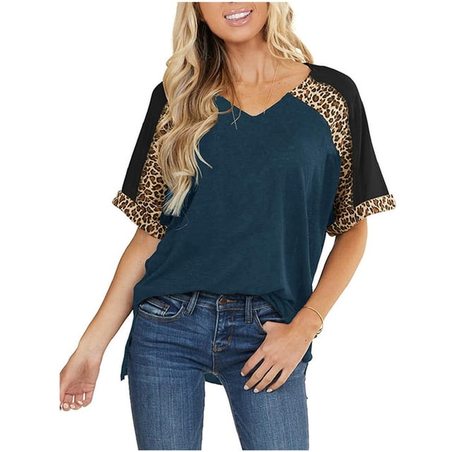 Pompotops Haut à Coutures Léopard Mode Femme T-shirt Col en V Manches Courtes Blouse Décontractée