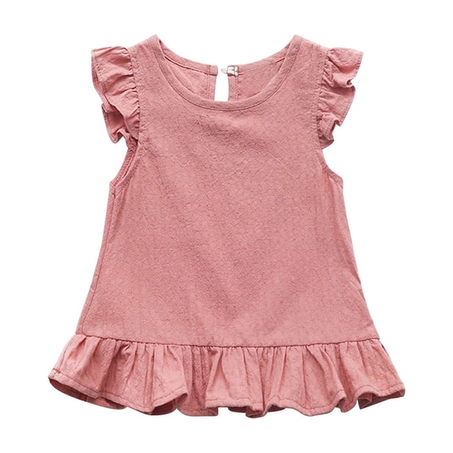 LLYWEY Toddler Girls Ruffle Tops, Baby Girl Linen Ruffles Hem Sleeveless T-Shirts, Kids Solid Color Keyhole Back Summer Round Neck Sleeveless Loose Casual Blouses Shirts, Style-T-12, Pinks, 3T