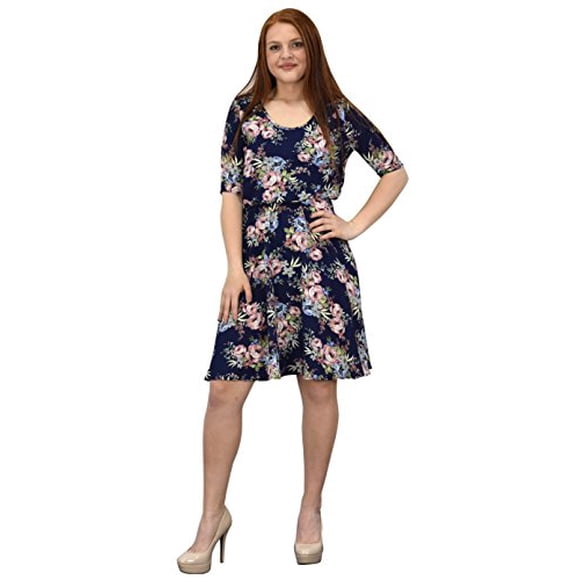 Peach Couture Robe Patineuse Princesse à Manches Mi-Longues pour Femmes à Imprimé Floral Rose avec Coutures