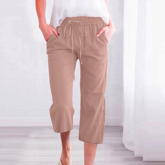 CFLVAEK Pantalon pour Femmes en Mélange de Coton avec Poche, Pantacourt Uni à Jambe Grand, Décontracté, Taille Haute, à Cordon, Coupe Ample, Court, Pantalon de Détente