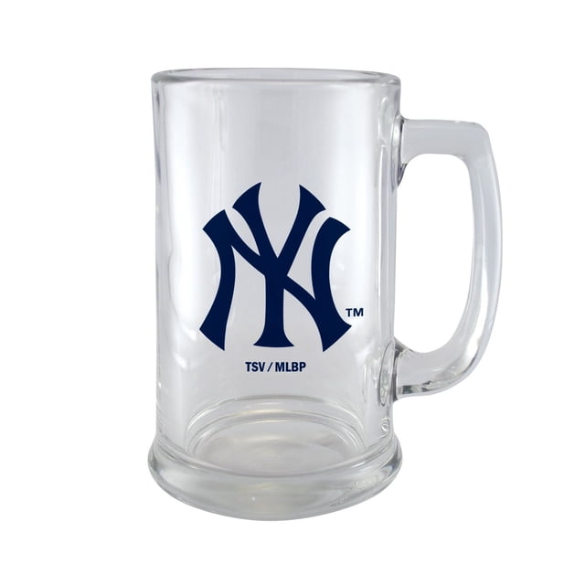 OFFICIALLY LICENSED 15OZ MLB BEER STEIN NEW YORK YANKEES clear glass beer stein with a solid base and handle, featuring the navy blue New York Yankees logo and TSV/MLBP text, dishwasher safe and suitable for beer, soda, iced tea, and cocktails.
