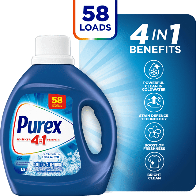 Purex Cold Water, Concentrated Liquid Laundry Detergent with 4in1 benefits, Tough on Stains, Brightens and Whitens Clothes, 1.94, 58 Wash Loads, HE Compatible, 1 bottle