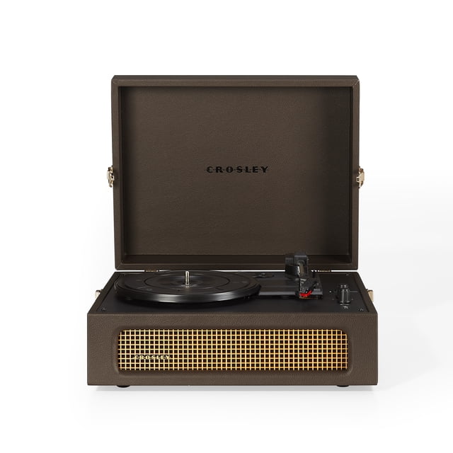 Crosley Voyager Record Player with Speakers and Wireless Bluetooth - Audio Turntables front-facing portable belt-drive turntable with lid open, tonearm and cueing lever, platter labeled for 33 1/3, 45 and 78 RPM, adjustable pitch control and volume knob, built-in full-range stereo speakers, headphone jack and RCA and aux outputs, Bluetooth pairing for streaming to or from wireless speakers; shown on a neutral studio surface, also suitable for compact vinyl listening setups during travel.