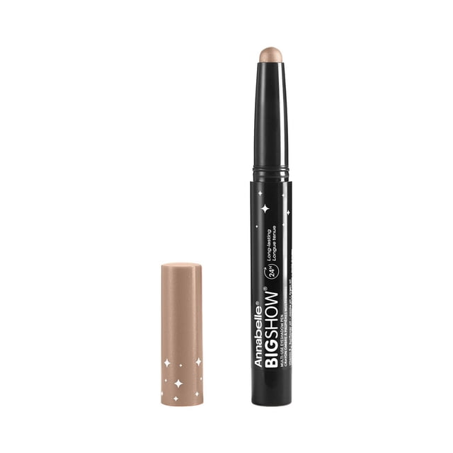 Bigshow Multi-Use Eyeshadow Pen by Annabelle with cap removed, featuring a creamy beige shimmer stick in a black tube with white branding and star accents, designed for waterproof, long-lasting cream eye shadow and liner application, suitable for creating blendable, versatile eye looks.