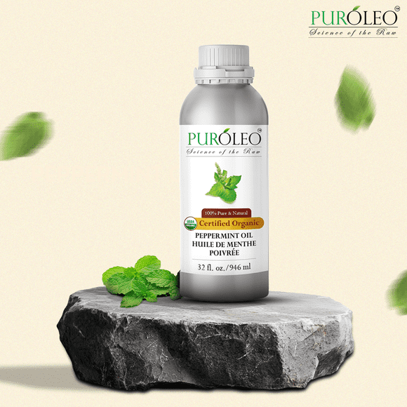 PUROLEO Organic Peppermint Essential Oil 32 Fl Oz/946 ML (Packed in Canada) – 100% Pure & Natural, Therapeutic Grade for Aromatherapy, Massage, Diffuser & Skin Care