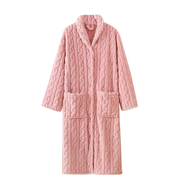 Timegard Bathrobe for Women Fuzzy Button down V Neck Robe Fleece Warm Long Sleeve Pajamas with Pockets. A front-facing view of a pink fleece bathrobe with a textured cable-knit pattern, long sleeves, button-down closure, and two large front pockets. Ideal for women's sleepwear or loungewear, providing warmth and comfort for all seasons.