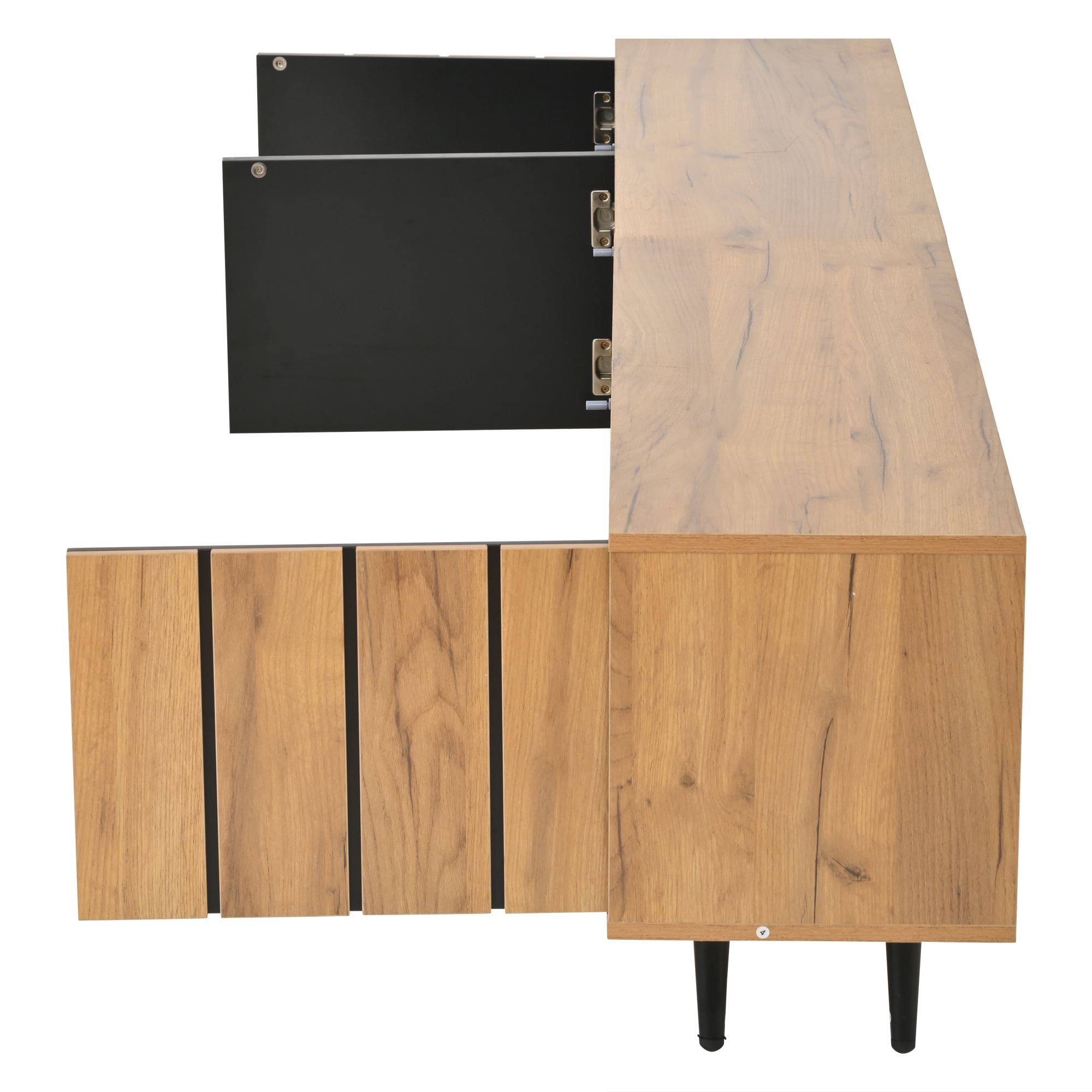 Homy Casa 65" TV Stand, Modern Media Console with Doors, Tempered Glass Shelf, Cable Holes, Natural Wood Black