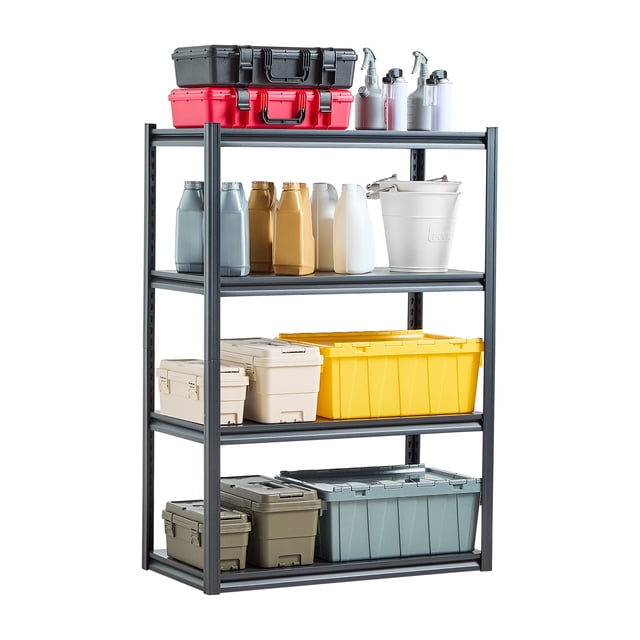 VEVOR Étagères de Rangement, une Unité d'Étagères de garage Robuste Mesurant 20 Pouces de Profondeur, 40 Pouces de Largeur et 57 Pouces de Hauteur, avec une Conception à 4 Niveaux en Acier au Carbone SPCC durable et une Finition Enduite de Poudre. Chaque Étagère Supporte jusqu'à 600 Lb, avec une Capacité Totale de 2400 Lb. l'Unité Est Montrée Tenant des Contenants de Rangement, des Boîtes à Outils et des Bouteilles, Idéale pour Organiser des garages, des Ateliers Ou des Cuisines. des Hauteurs d'Étagère Ajustables et une Conception