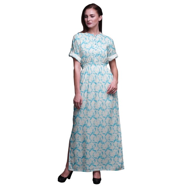 Bimba Rayon Rays Tie-Dye Printed Gown Kimono Sleeves Summer Long Maxi SlitDress-XSmall