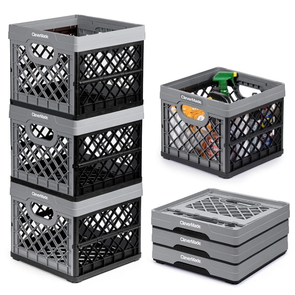 CleverMade Caisse à Lait Pliable 25 L (6,6 Gal) Lot de 3, Capacité de 50 lb Caisse Pliante Robuste â?? Caisses de Rangement Empilables avec Barrières de Classement, Caisses Pliables en Plastique - Pierre