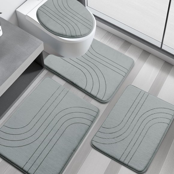 YIHOUSE Memory Foam Bathroom Rugs, Soft Non Slip Mats, Extra Thick for Bathroom, Machine Washable - 4 Piece Set (Light Grey)