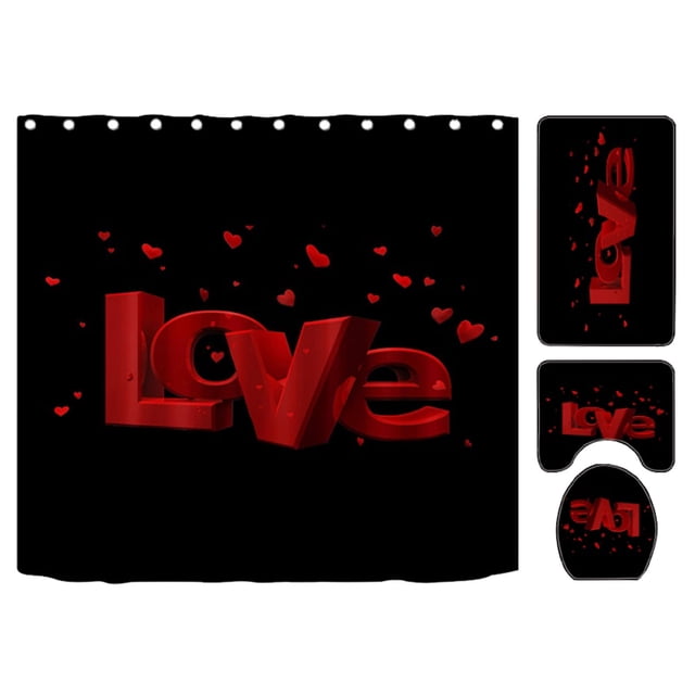 Deals Valentine's Day 4 Pieces Shower Curtain Set With Rugs Red Rose Shower Curtain For Bathroom Sets With Shower Curtain And Rug Purple Red Toilet Sets For Lovers Bed Sheet Set